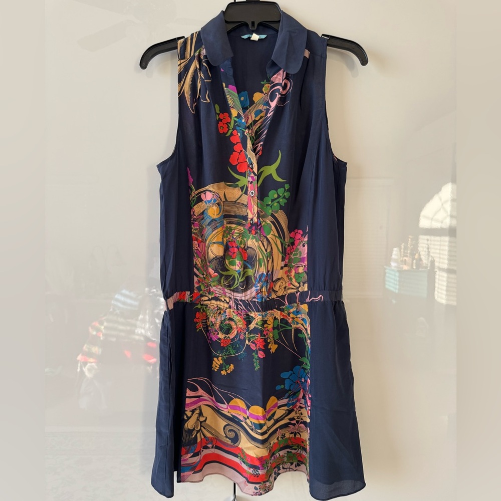 Leifnotes Anthropologie Floral Navy Sleeveless Dress silk sz 6